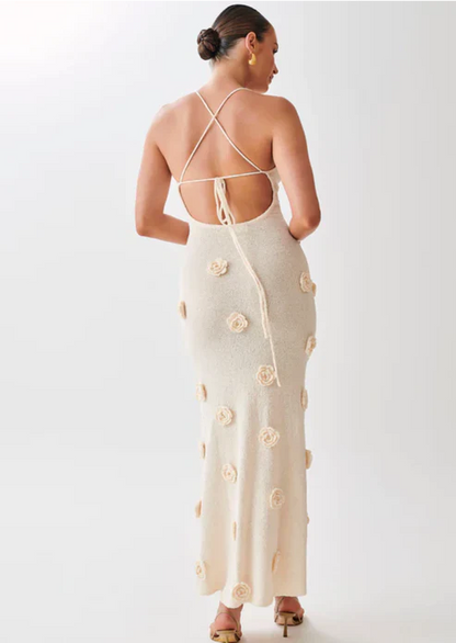 Damen Maxikleid Spaghettiträger 3D Blumenapplikation