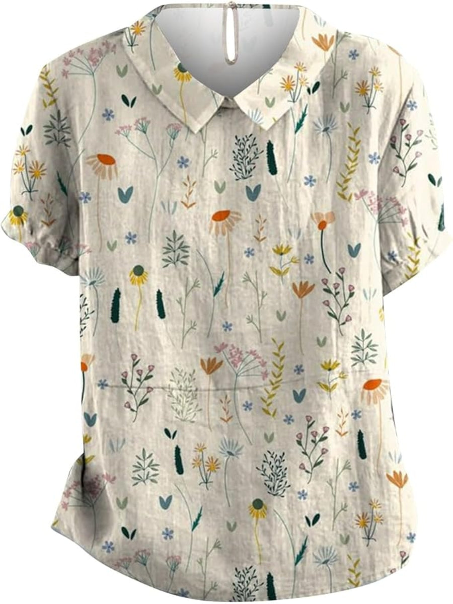 Damen Bluse Kurzärmelig Blumenmuster Weiss