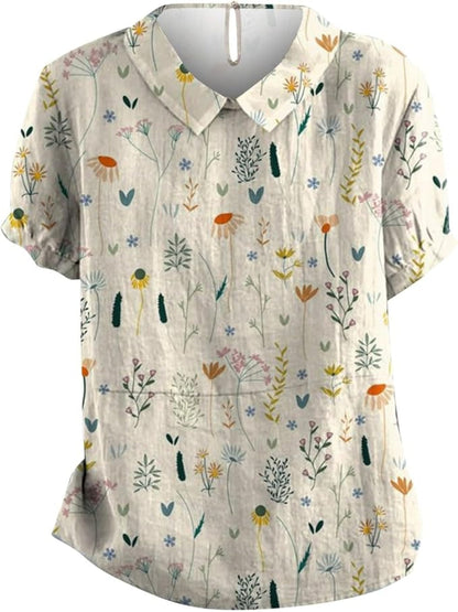 Damen Bluse Kurzärmelig Blumenmuster Weiss
