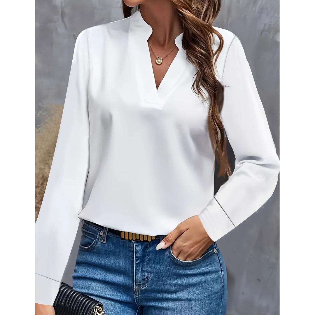 Damen Langarmbluse V-Ausschnitt Elegantes Design Weiß - Norvielle