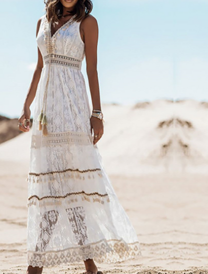 Damen Maxikleid Boho Spitze V-Ausschnitt