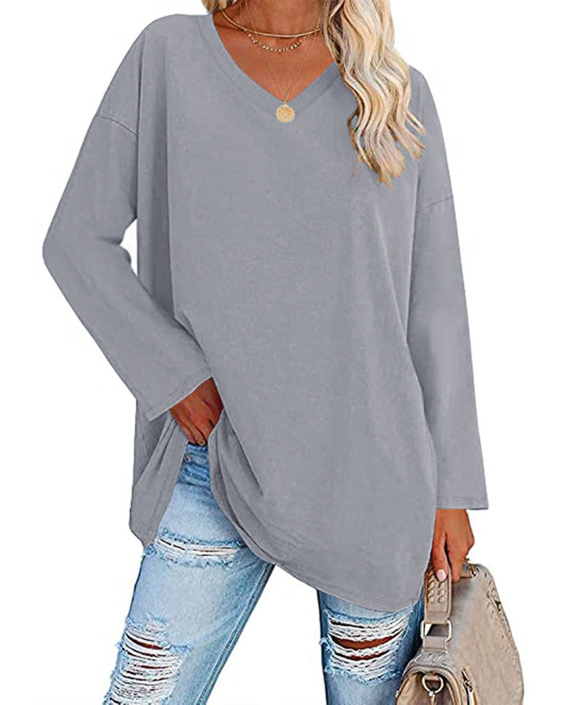 Norvielle Damen Langarm T-Shirt V-Ausschnitt Einfarbig
