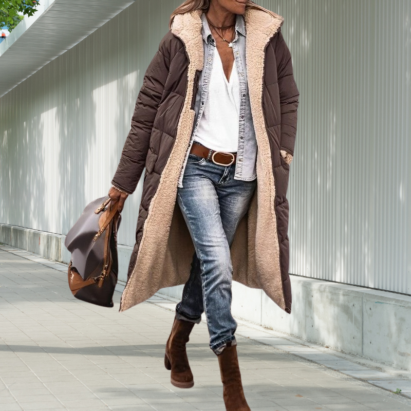Damen Winterjacke Lang Gefüttert Mit Kapuze Schwarz - Norvielle