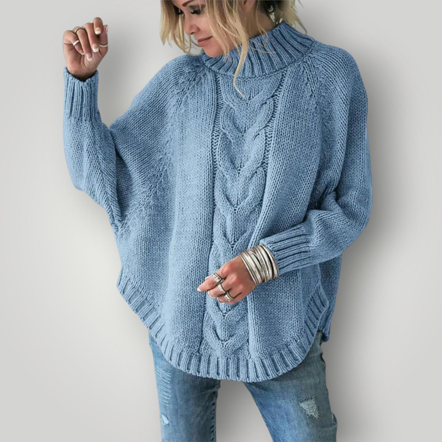 Damen Rollkragenpullover Strick Weich Grau