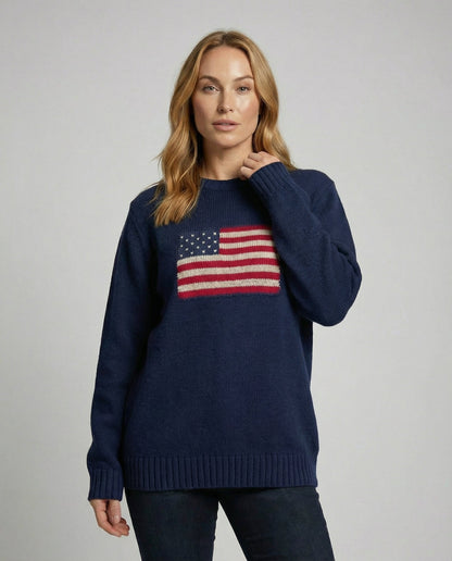 Strickpullover Damen Amerikanische Flagge Baumwolle Blau Rot Weiß - Norvielle