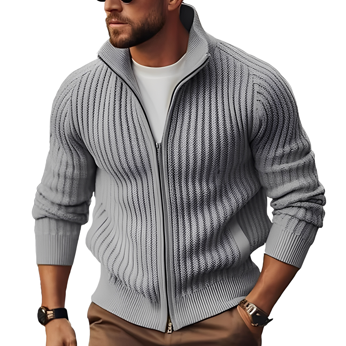 Herren Strickjacke Reißverschluss Strukturierter Cardigan Grau