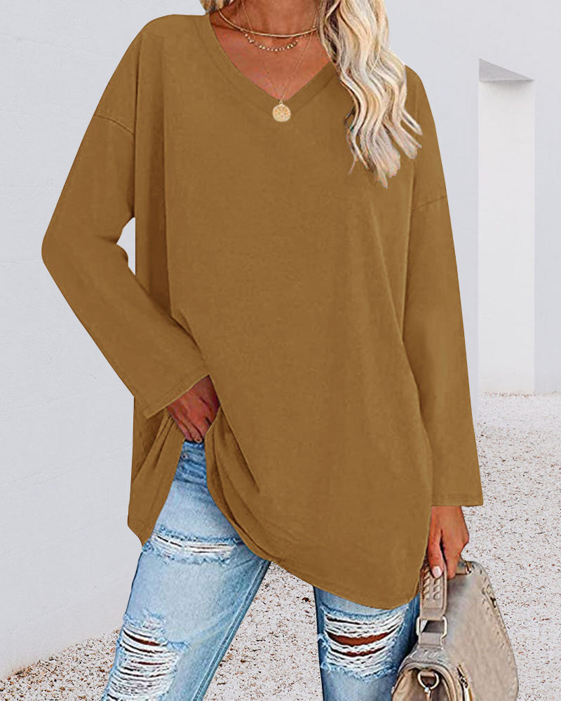 Norvielle Damen Langarm T-Shirt V-Ausschnitt Einfarbig