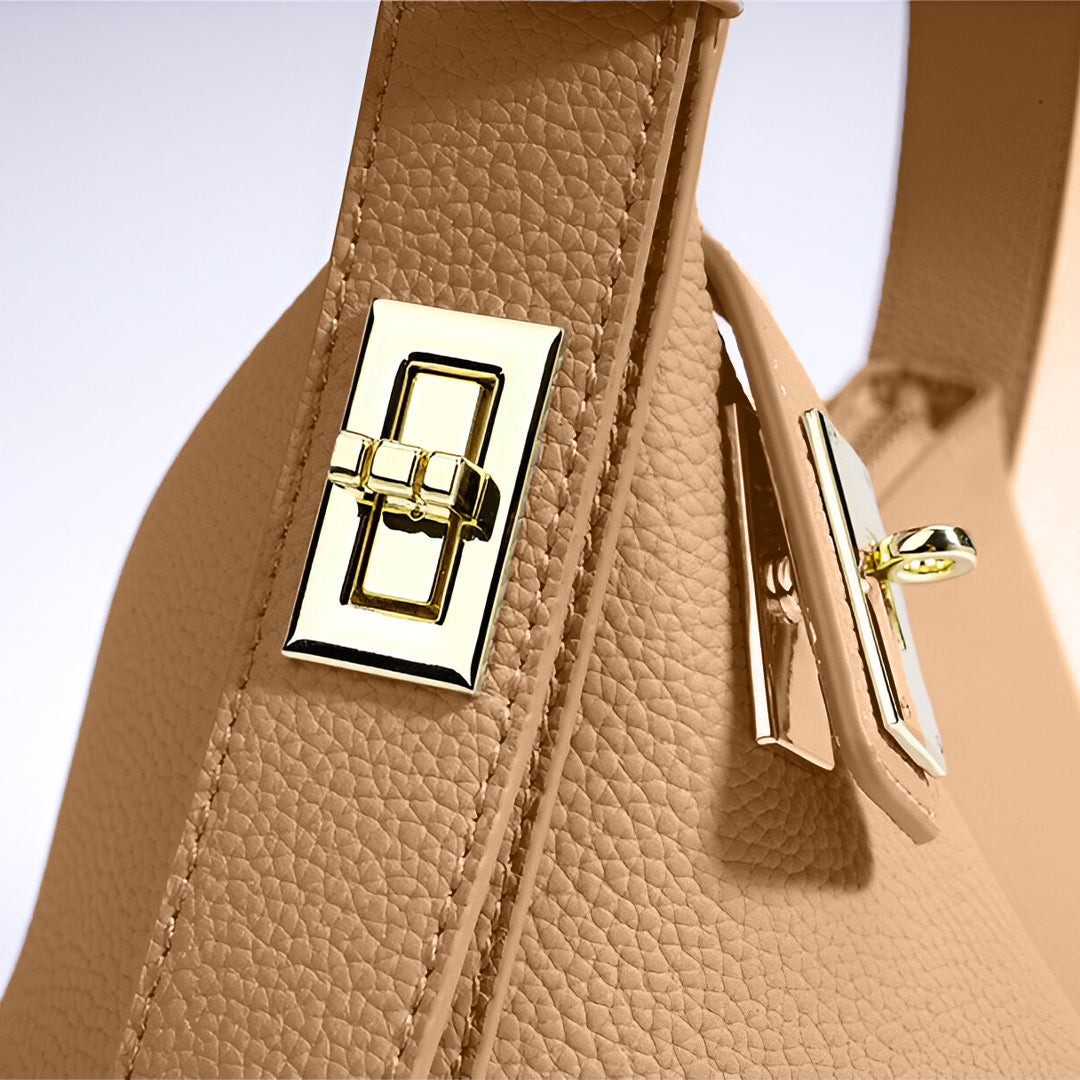 Damen Schultertasche Leder Strukturiert Camel Goldfarben