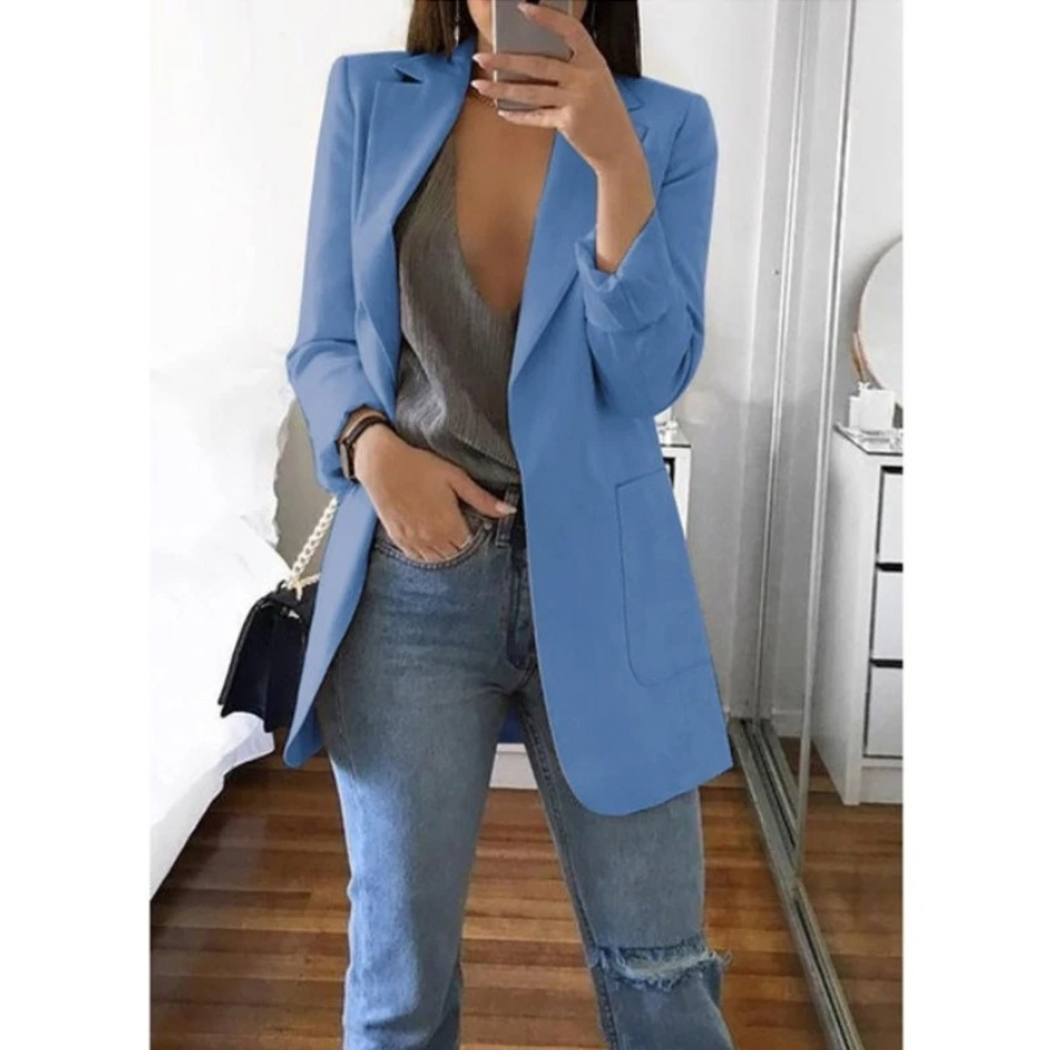 Damen Doppelreihiger Blazer Bürooutfit Schwarz - Norvielle