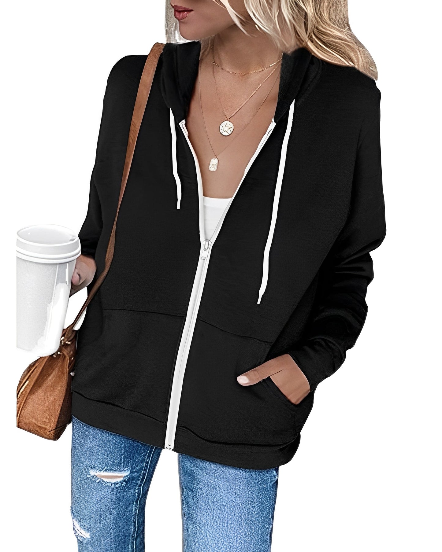 Damen Leichter Kapuzenpulli Mit Reißverschluss Und Taschen