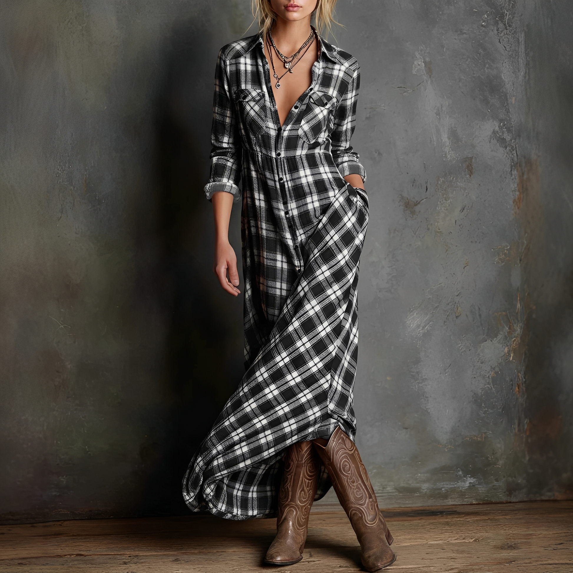 Damen Kleid Kariert Revers Lässig - Norvielle