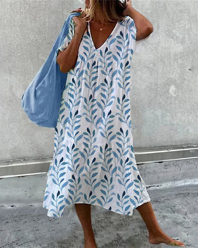 Damen Sommerkleid V-Ausschnitt Blätterdruck