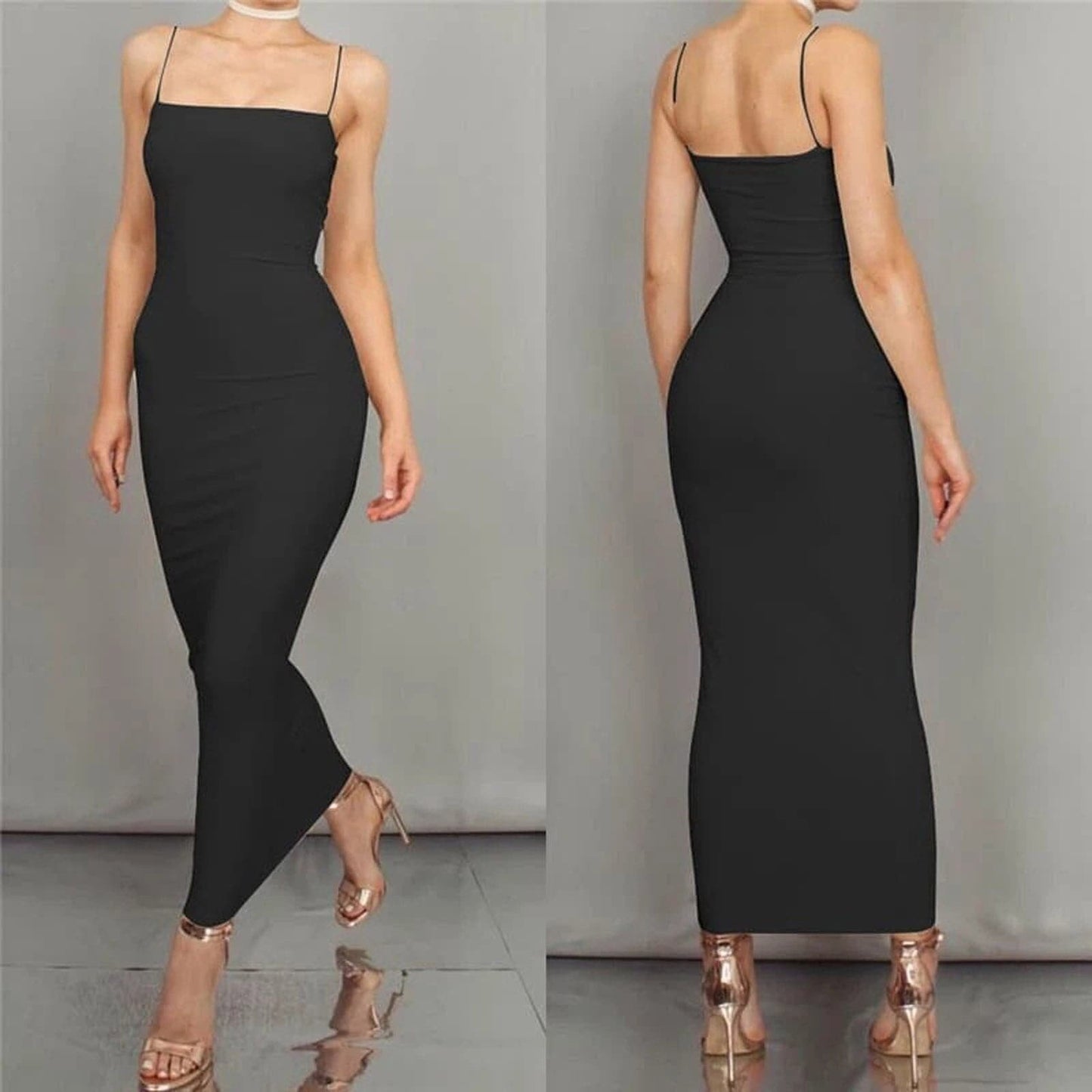 Damen Bodycon Kleid Midi Länge Spaghettiträger Elegant
