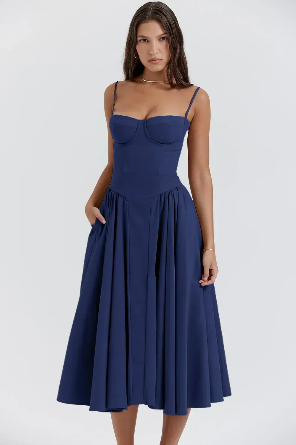 Damen Midikleid Träger Freirücken Kleid