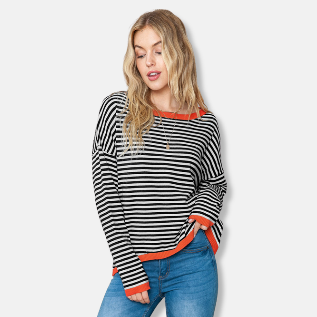 Damen Sweatshirt Gestreift Lockere Passform Baumwolle Lässig Grau - Norvielle