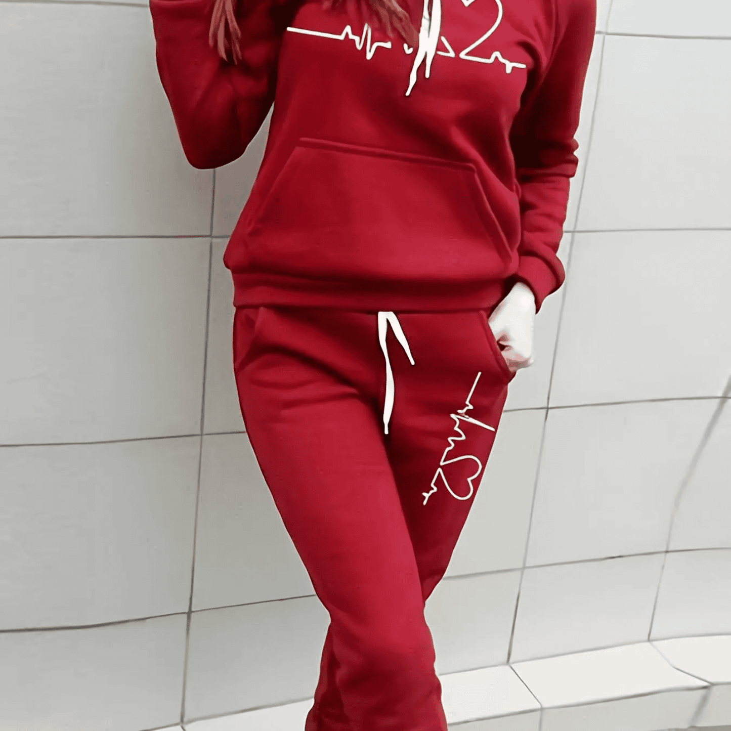 Damen Winter Hoodie Jogginghose Set Herzsmotiv - Norvielle