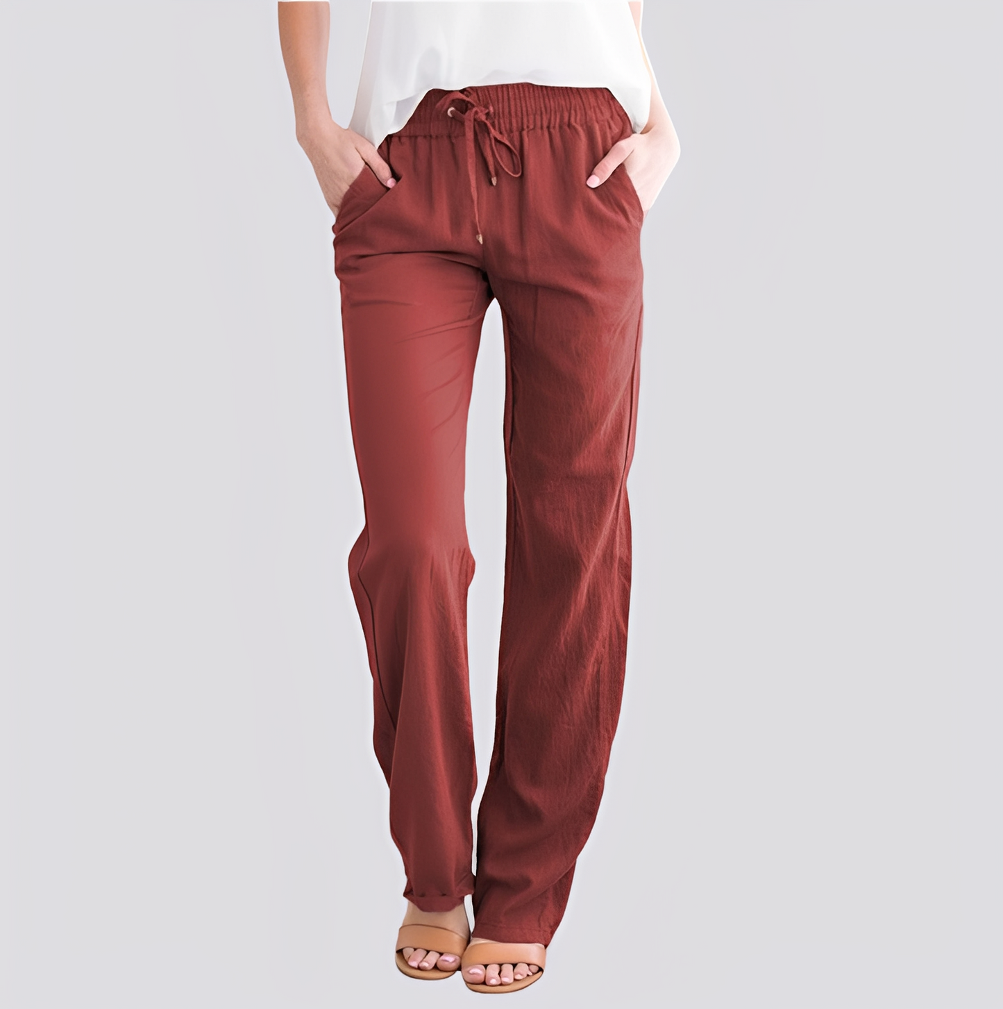 Damen Hose Elastischer Bund Leicht Beige
