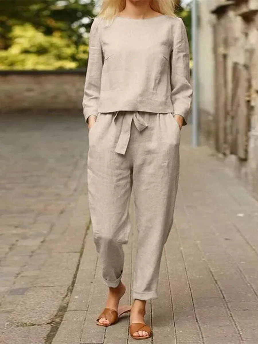 Damen Freizeit-Set Langärmliges Oberteil Gürtelhose