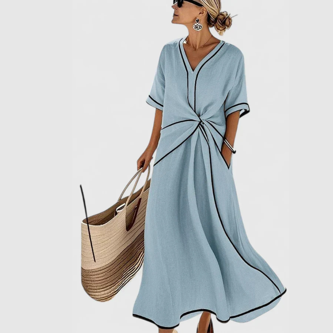 Damen Midi Kleid V-Ausschnitt Bindegürtel - Norvielle