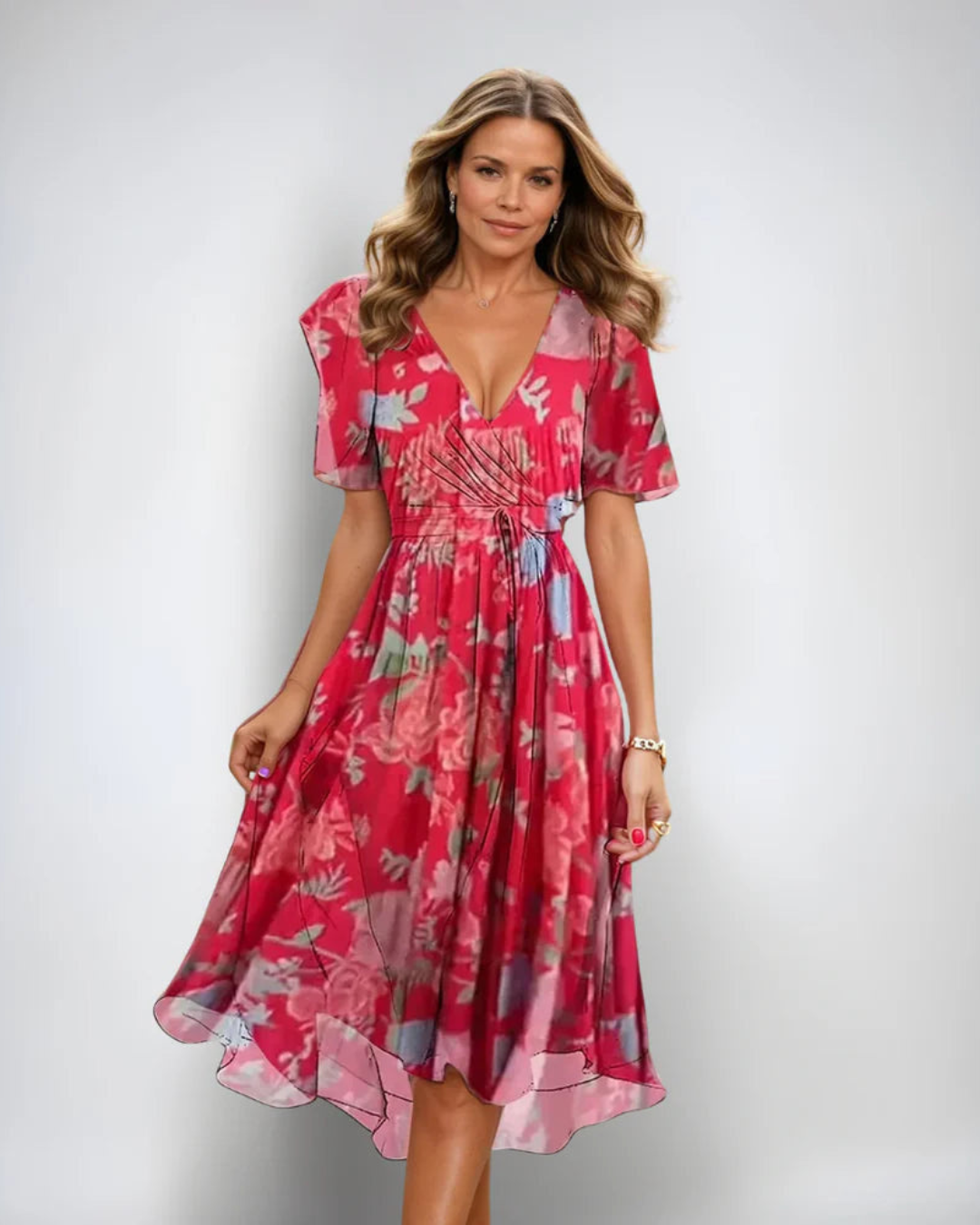 Damen Wickelkleid Midi Blumen Sommerkleid