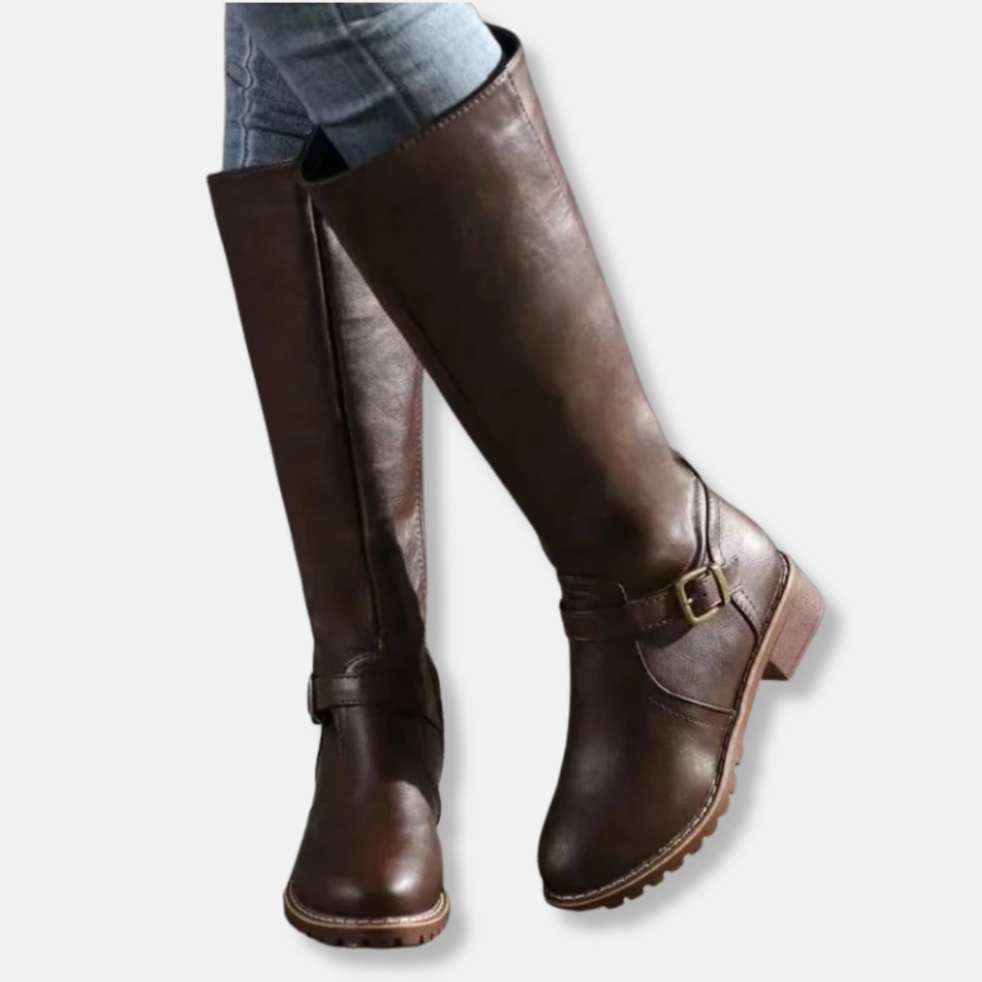 Damen Stiefel Kunstleder Kniefester Schaft Niedriger Blockabsatz