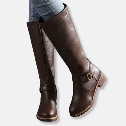 Damen Stiefel Kunstleder Kniefester Schaft Niedriger Blockabsatz