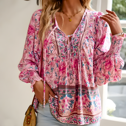 Damen Bluse mit Schleifenkragen und weiten Ärmeln Blumenmuster - Norvielle