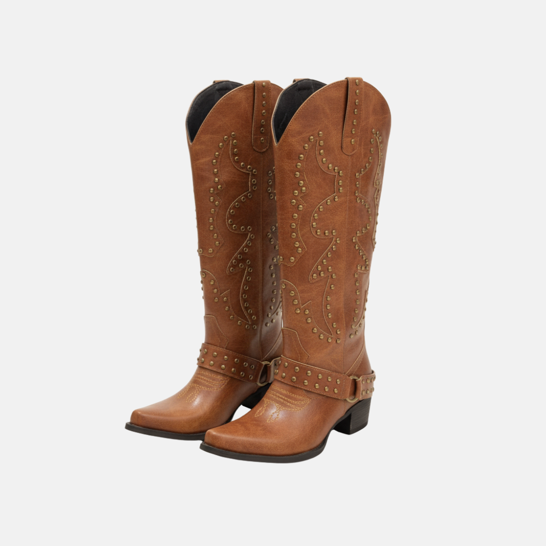 Damen Stiefel Kunstleder Knielang Spitz Zehe Nieten Detail Schwarz - Norvielle