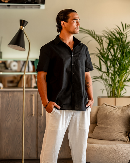 Herren Leinenhemd Sommer Kurzarm mit Brusttasche
