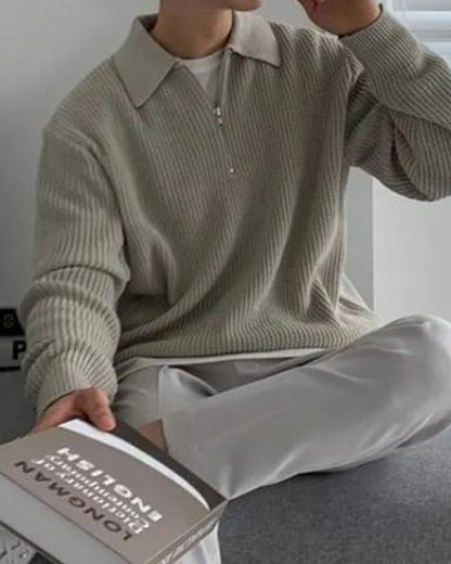 Herren Strickpullover Gerippt mit Polokragen Halb-Reißverschluss Grau