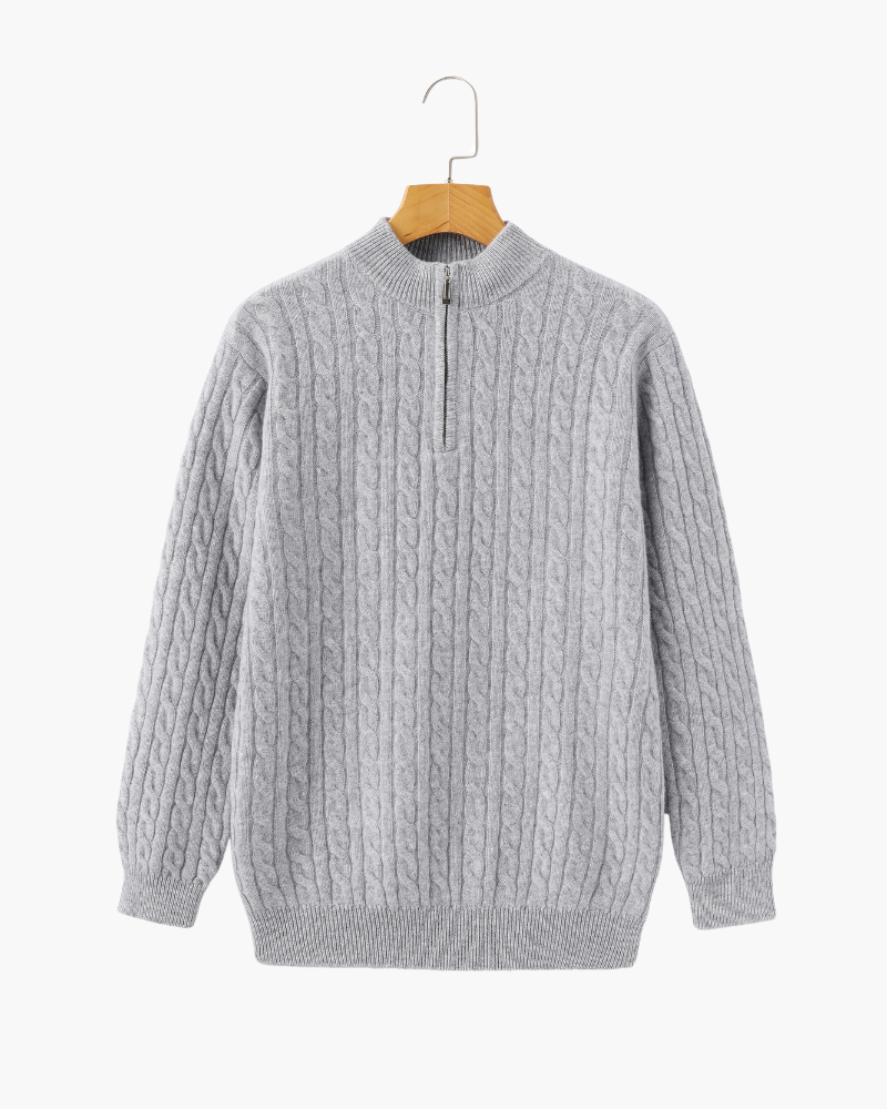 Herren Chasmere Pullover Kabelstrickmuster Halb Reißverschluss Beige