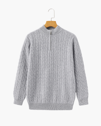 Herren Chasmere Pullover Kabelstrickmuster Halb Reißverschluss Beige