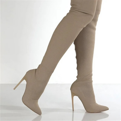 Damen Overknee Stiefel Stretch Stiletto Elegantes Leder