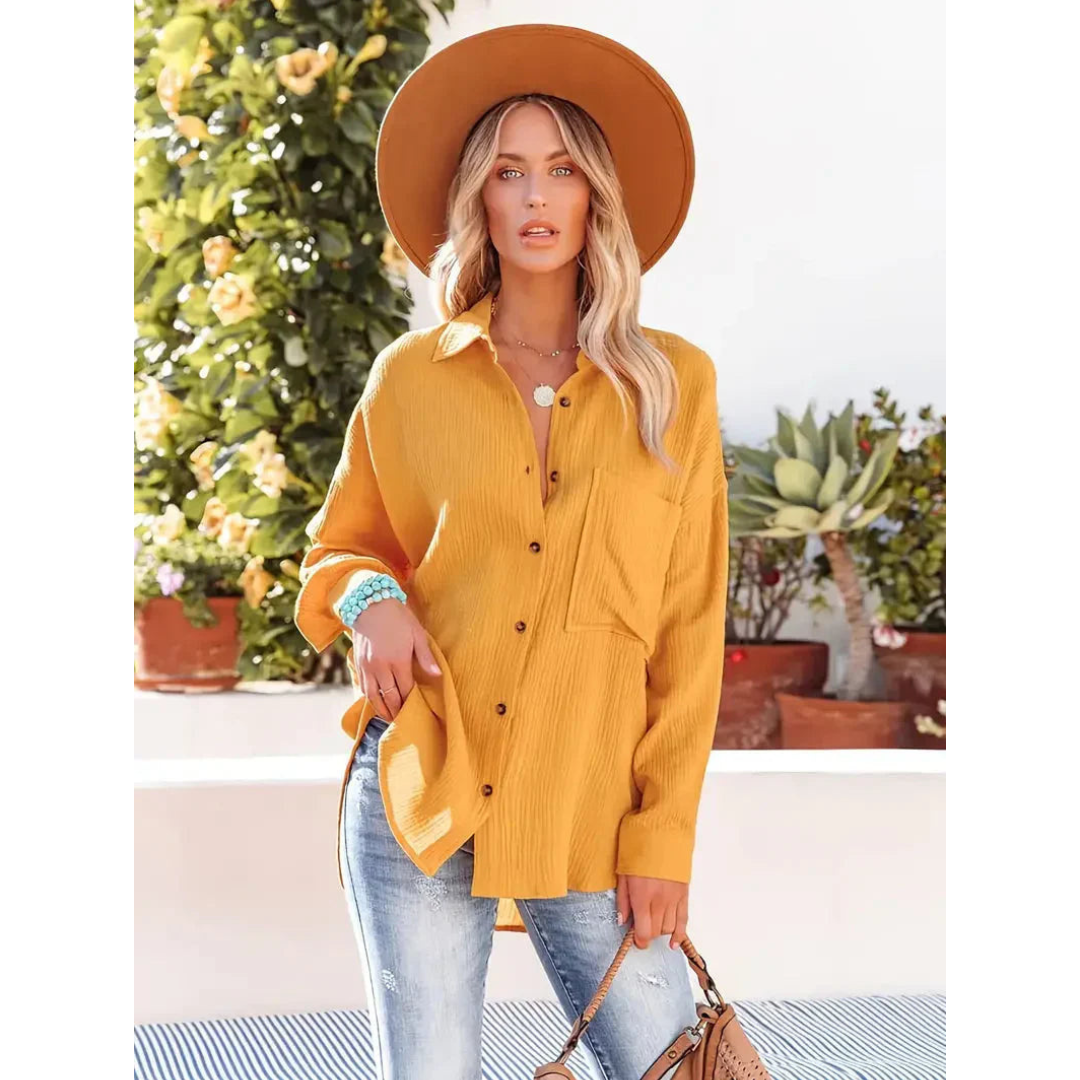 Damen Unifarben Bluse Knopfleiste Hemdkragen Langarm Elegante Bluse - Norvielle