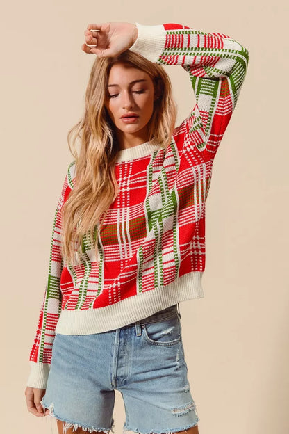 Weihnachtspullover Damen Karierter Rot Grün Rundhals