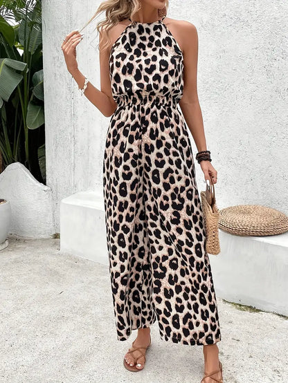 Damen Overall Leopardenmuster Halterkragen