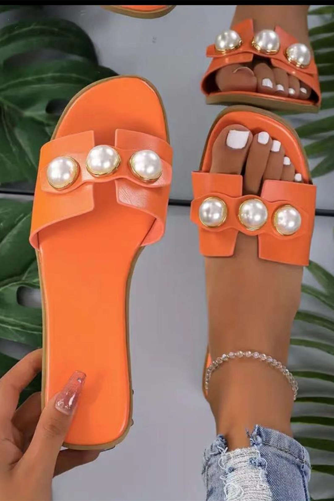 Damen Leder Slides Leicht Perlenverzierung