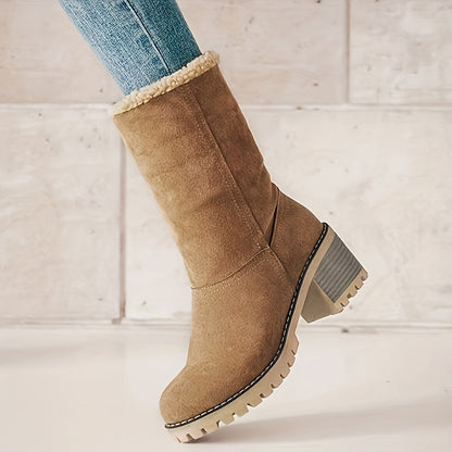 Damen Winterschuhe Slip-On Stiefel Warmfutter Blockabsatz