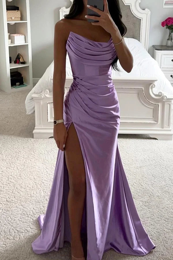Norvielle Damen Abendkleid Satin Off-Shoulder Maxi Glänzend - Norvielle