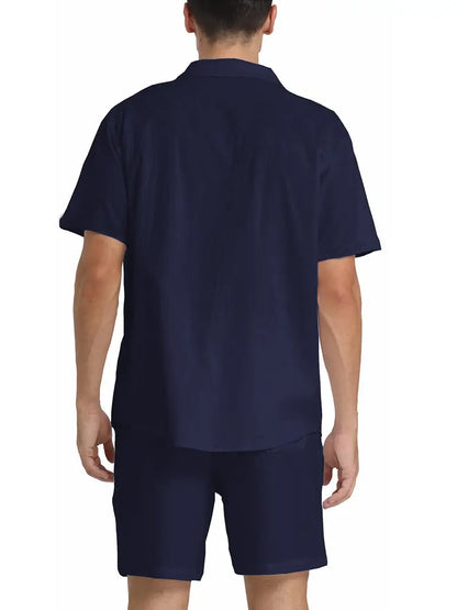 Herren Kurzarm-Hemd Shorts Set Baumwolle Sommerweiß