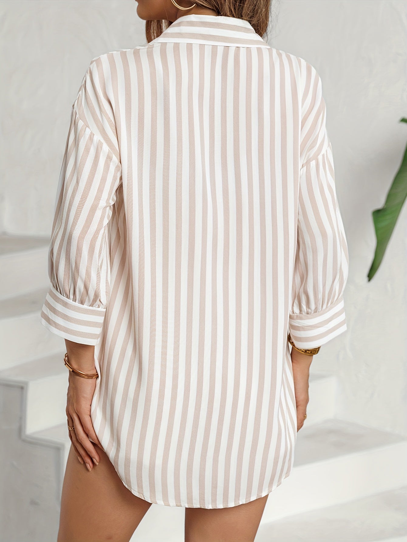 Damen Bluse Reverskragen Knopfleiste Klassische Streifen