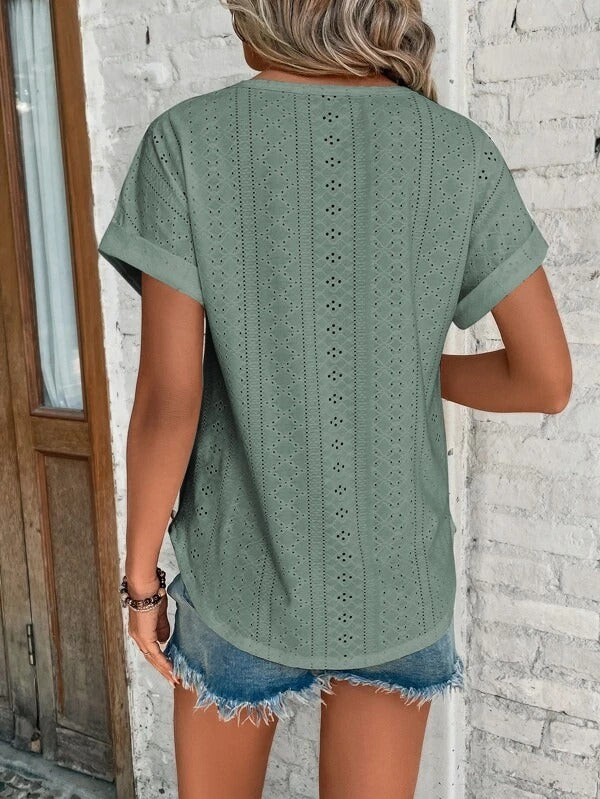 Damen Kurzarmshirt Rundhals Lochmuster