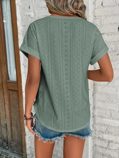 Damen Kurzarmshirt Rundhals Lochmuster