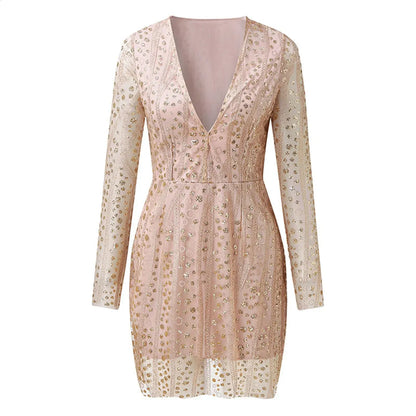 Damen Paillettenkleid Gold Durchsichtig Partykleid