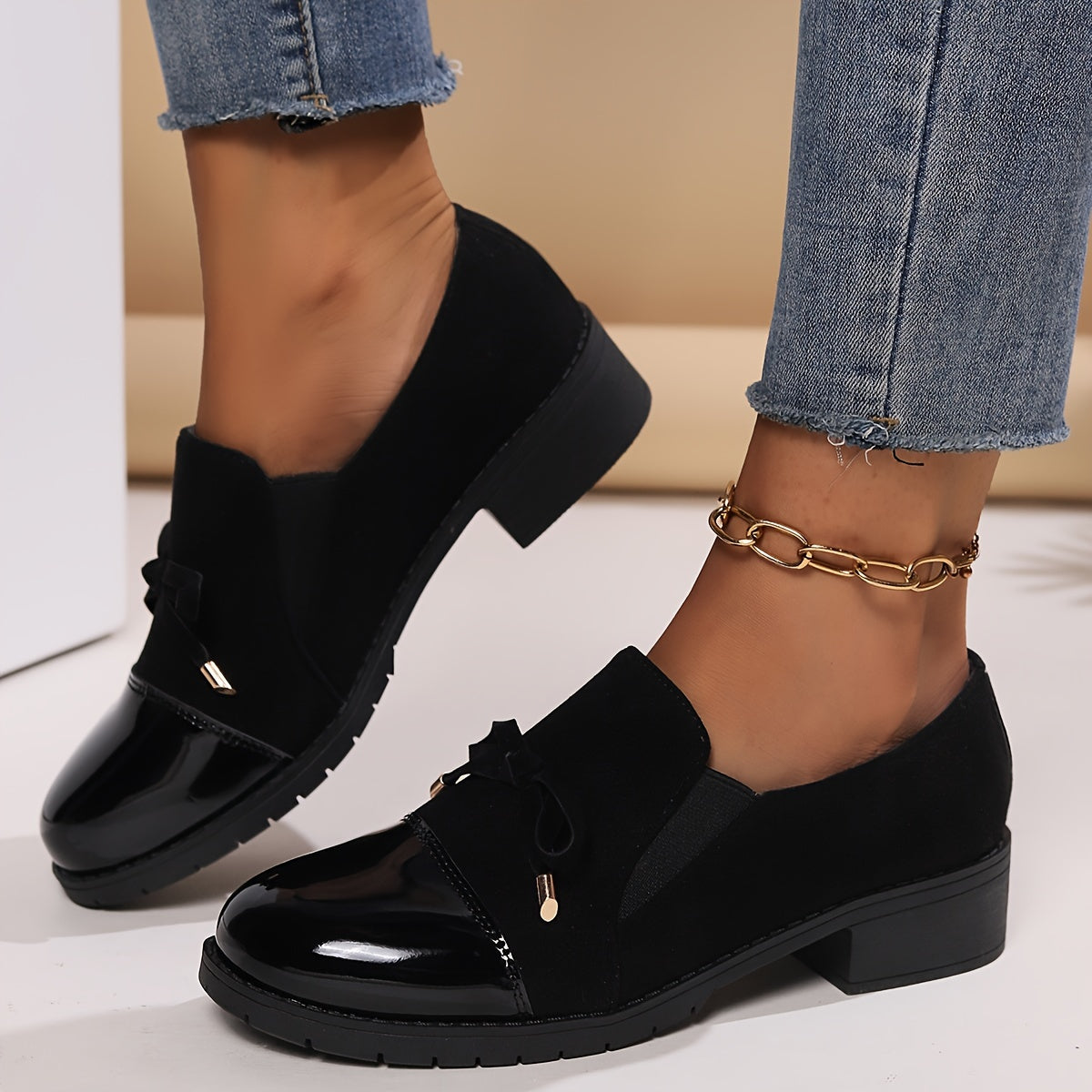 Damen Loafers Schleife Blockabsatz