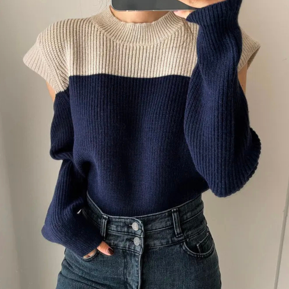 Damen Strickpullover Cut-Out Ärmel Zweifarben Rundhals