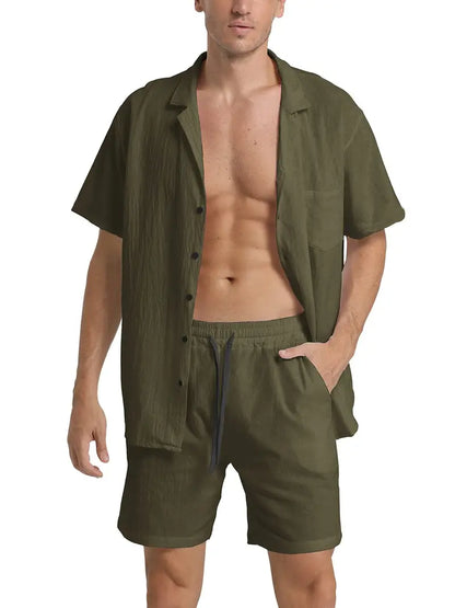 Herren Kurzarm-Hemd Shorts Set Baumwolle Sommerweiß