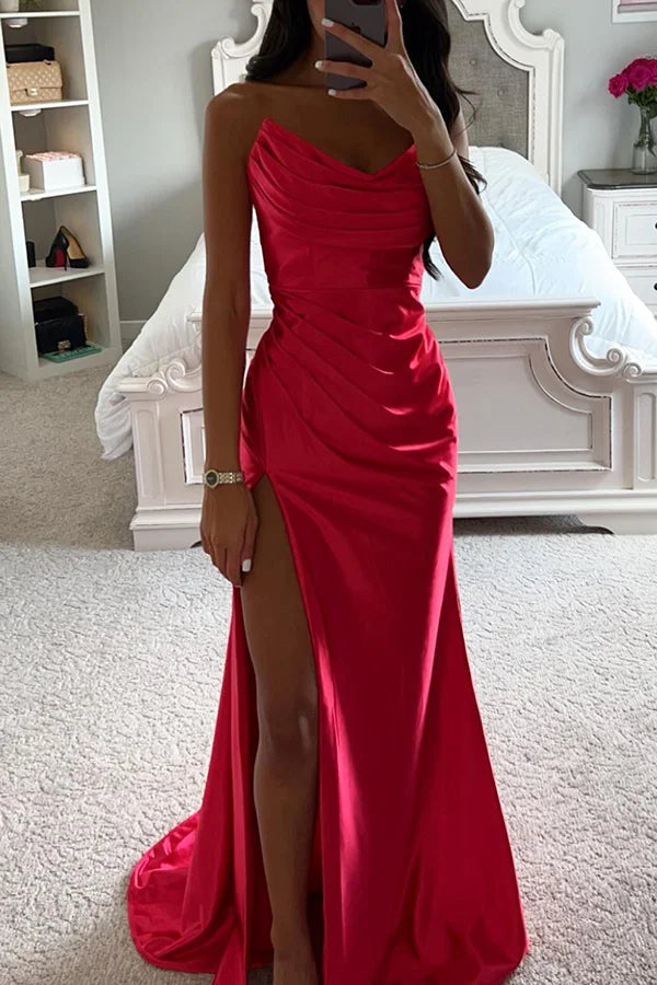 Norvielle Damen Abendkleid Satin Off-Shoulder Maxi Glänzend