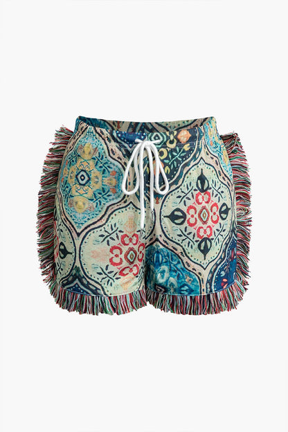 Damen Zweiteiler-Set Boho-Print Fransen
