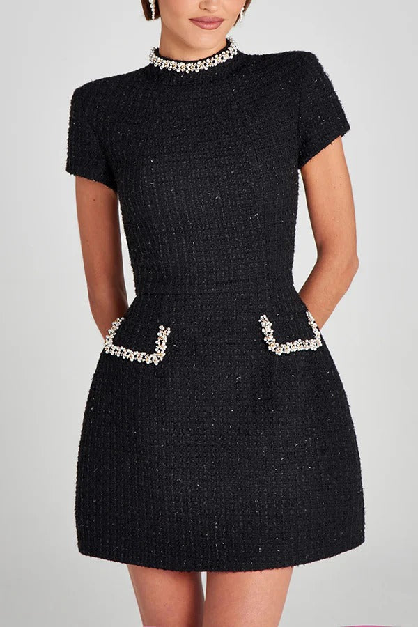 Tweed Mini Kleid Damen Kurzarm Perlenbesatz Eingrifftaschen